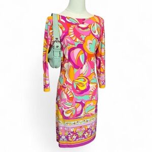 London Times 60s Mod Psychedelic Print Long Sleeve Midi Dress L